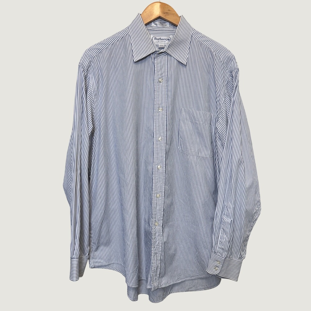 Burberrys Mens Button Up Shirt 17-34 Blue White Striped Cotton Vintage Preppy